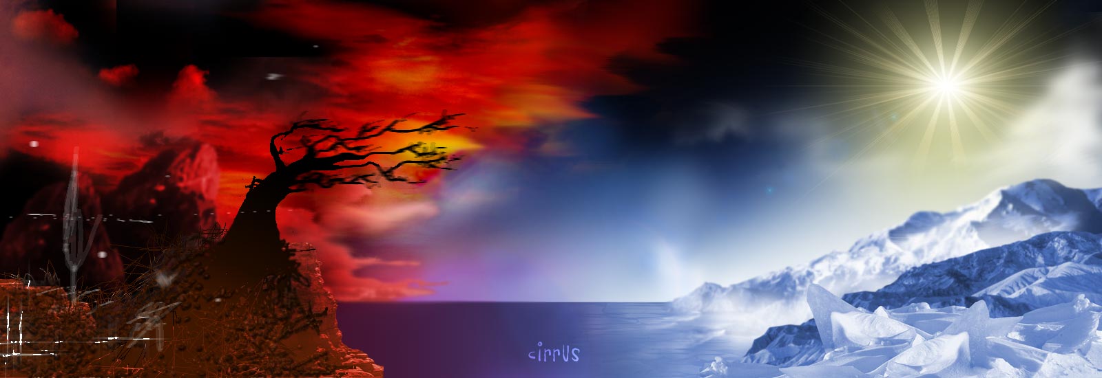 A dark, red-tinted, onimous landscape on the left and a bright, blue-tinted, sun-lit icescape on the right are separated by a sea.