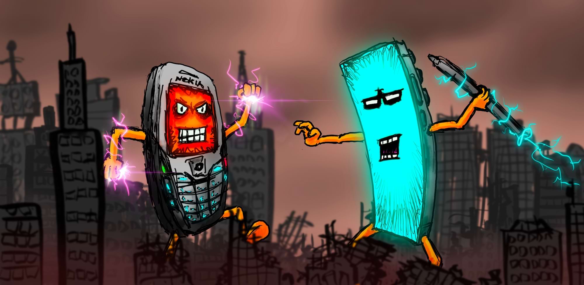Giant, cartoon, Kaiju-style Nokia 6600 and Samsung Galaxy S24 Ultra are battling in the midst of a derilict city scape. The 6600 has sparking energy bolts in its hands and is poised to fire them at the S24 Ultra. Meanwhile, the S24 Ultra is holding its stylus, which is surrounded by electric arcs, like a javelin which its about to launch at the 6600.