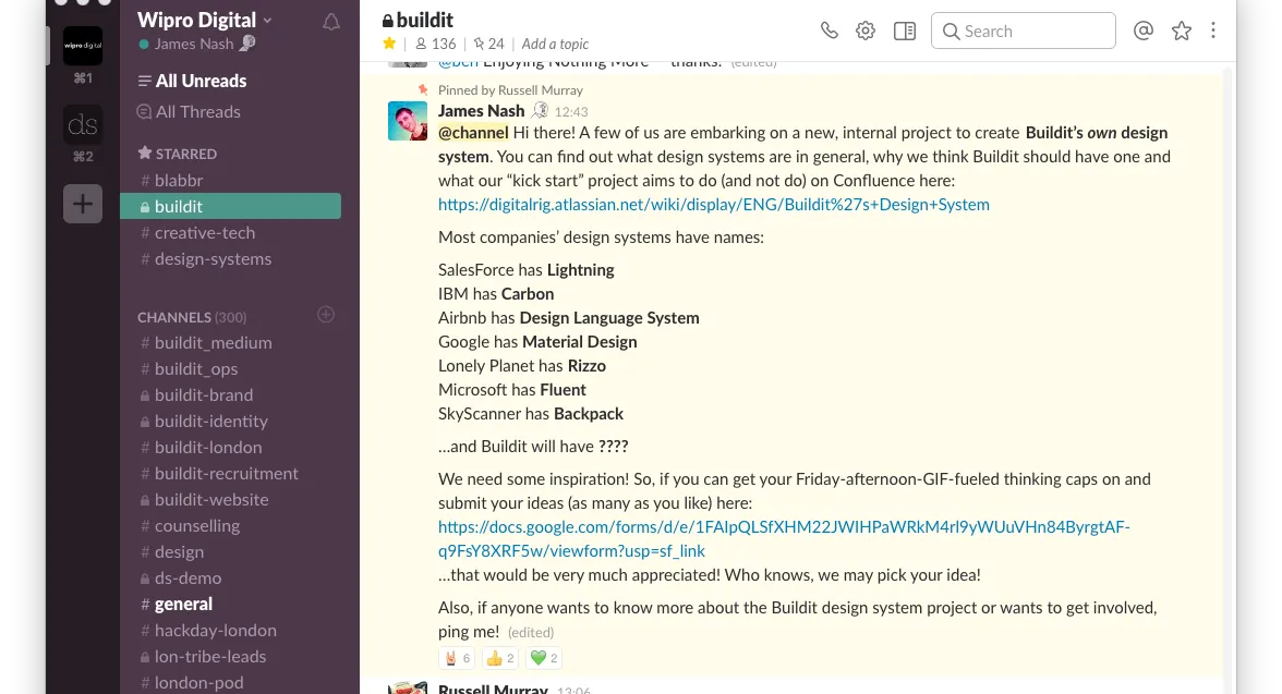 Screenshot of a message on Slack prompting Buildit colleagues to suggest names for the design system via a linked Google Form