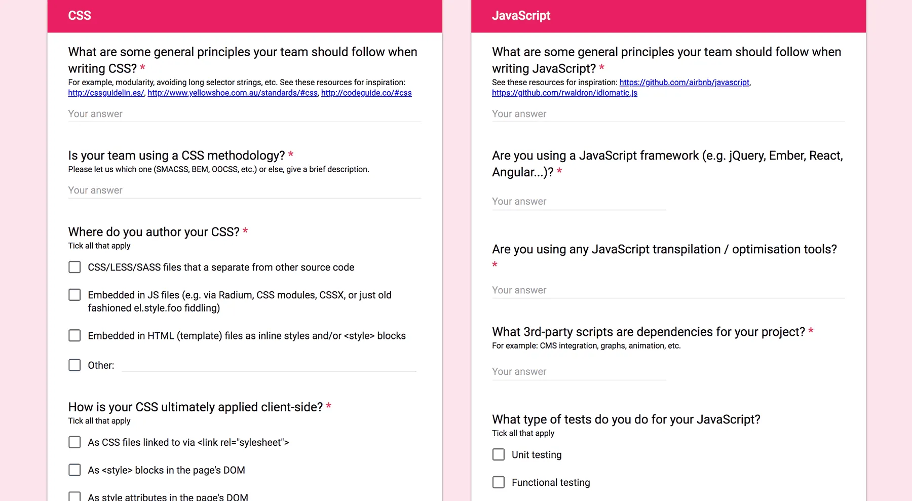 Screenshot of various CSS and JavaScript-related questions in a Google Form