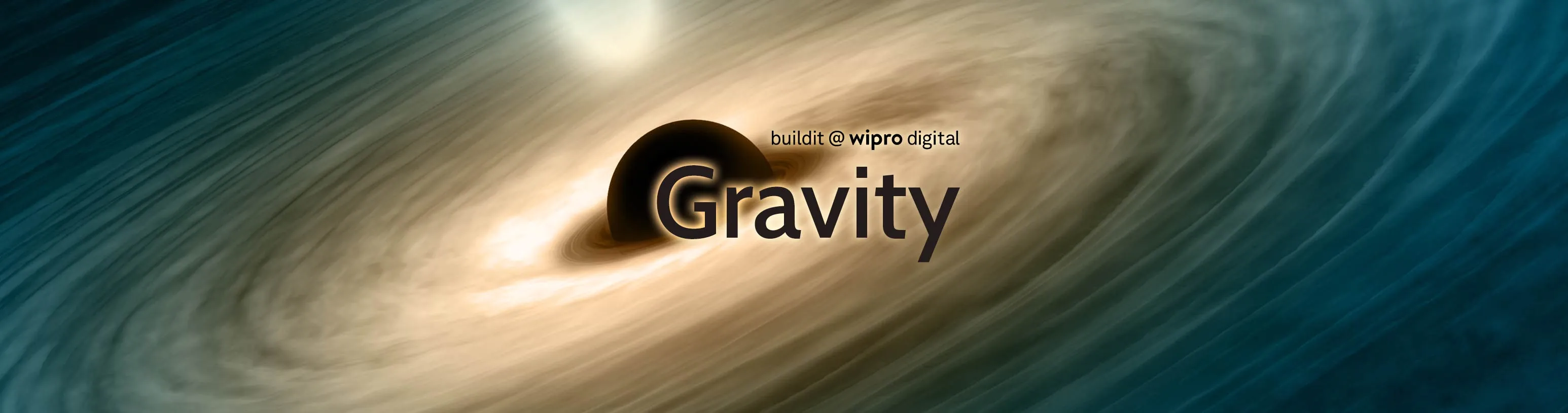 Picture of a black hole in space surrounded by swirling gas which is captioned "buildit @ wipro digital Gravity"