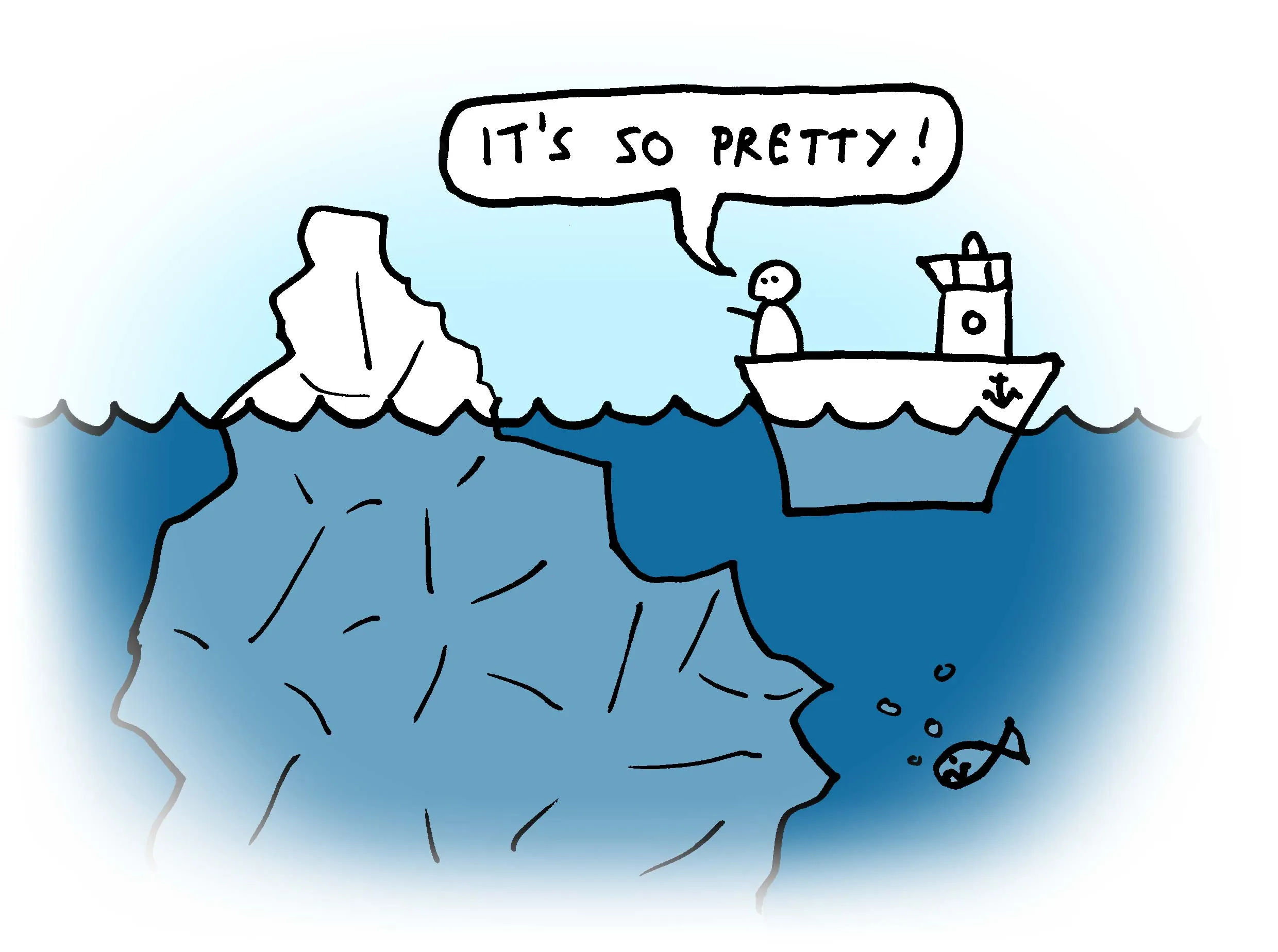 Drawing of a man on a sailing boat travelling towards the tip of an iceberg saying "It's so pretty". Below the surface of the water we can that the iceberg is a lot larger than what's visible above, and there is a sharp protusion that the boat is heading towards.