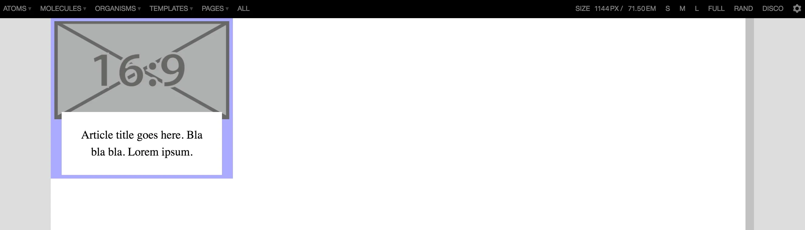 A card component with a 16:9 aspect ratio image is being viewed at a viewport width of 1144px. Despite the large viewport, the card is only 300px wide.